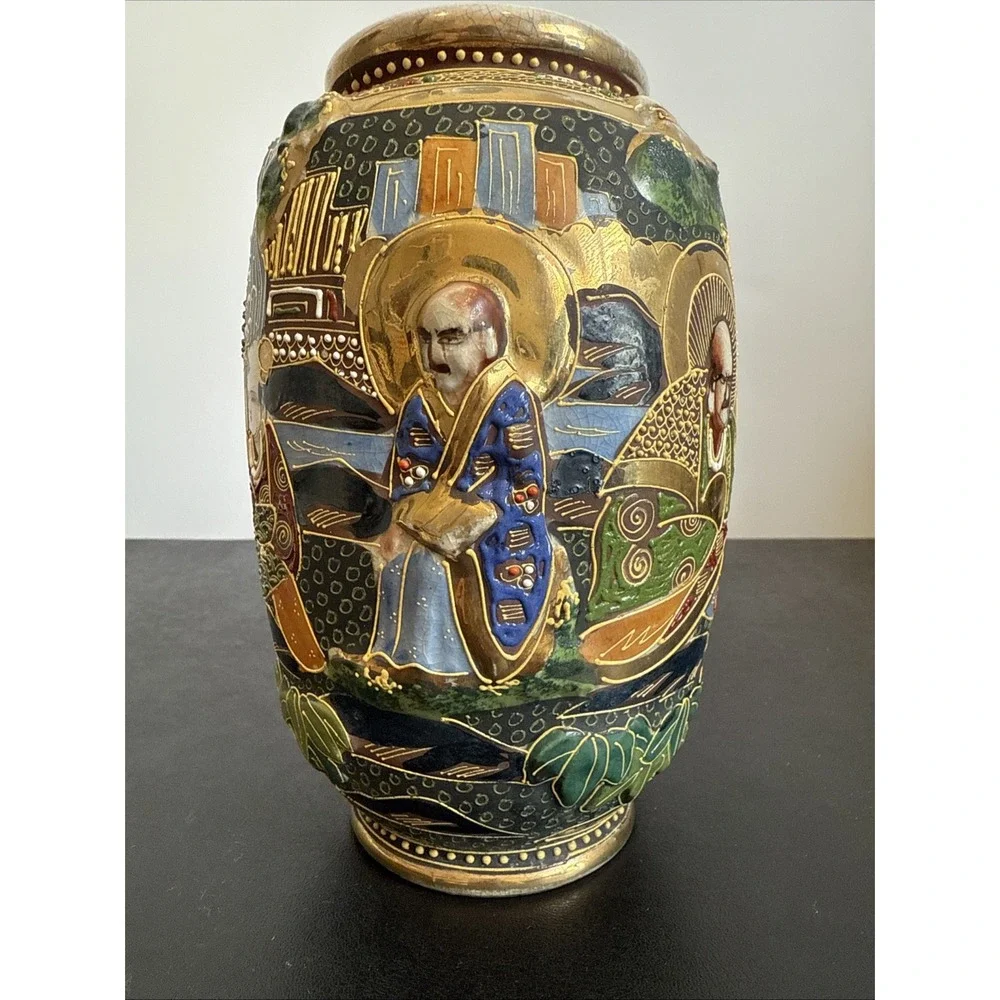 Antique Japanese Intricate Raised Enamel Moriage Satsuma Vase 6 Immortals Dragon